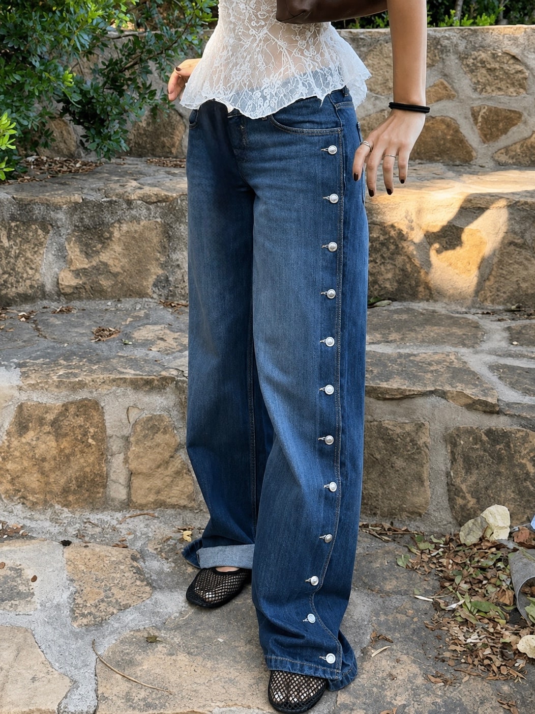 Side Buttoned Wide Leg Denim