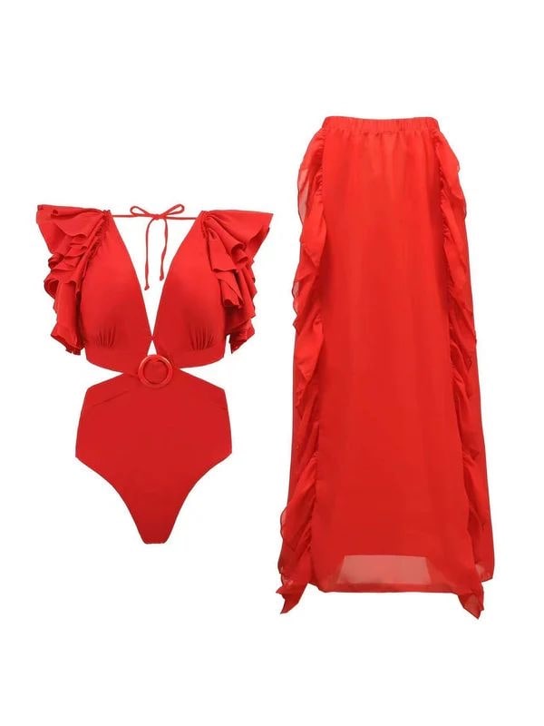 Red Ruffle Beachwear